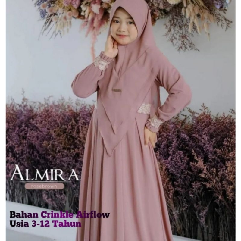 Almira Kids  Gamis Syari Anak set hijab Usia  5-12 Tahun Berbahan Crinkle Airflow Mix Renda Berkuali