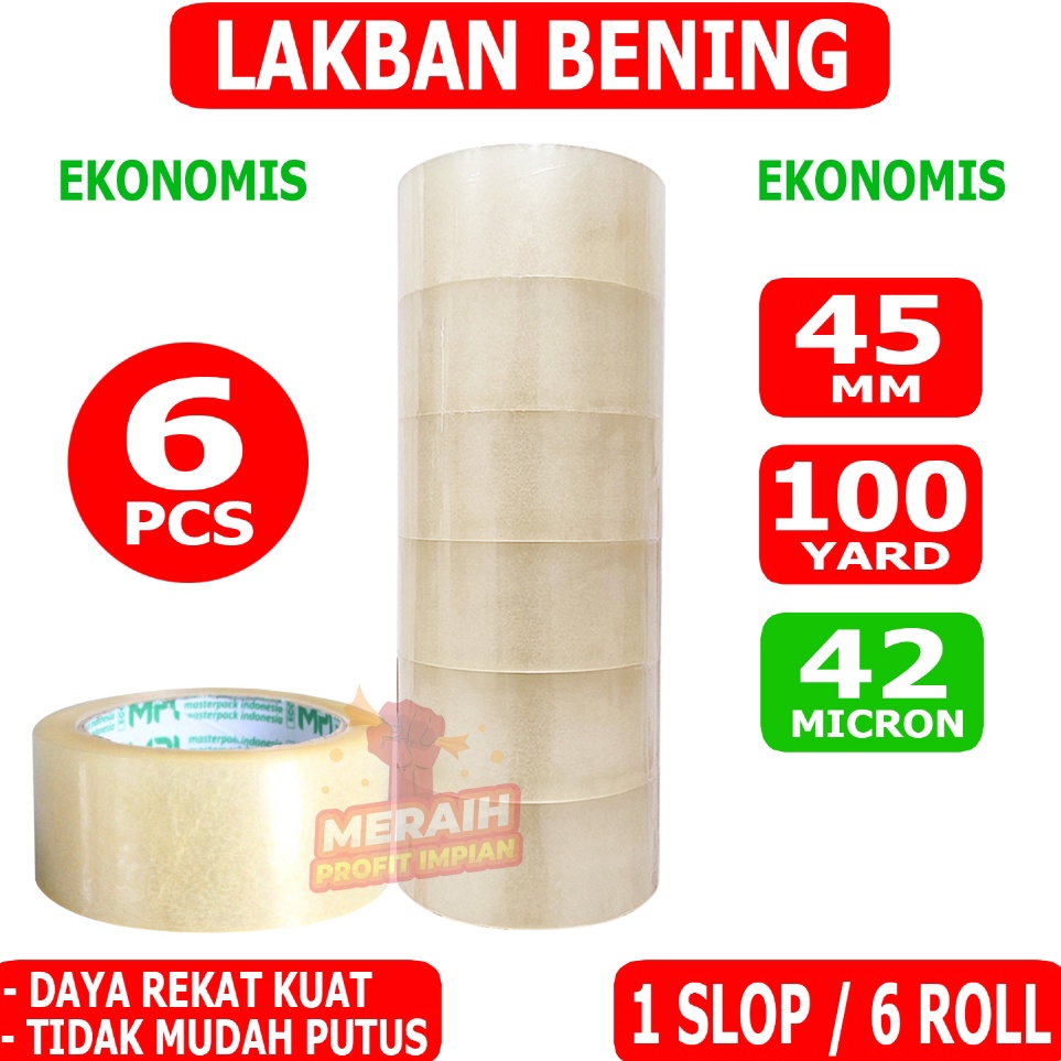 

ART U6G7 1 SLOP6 PCS Lakban Bening Ekonomis 45 mm x 1 Yard Lakban MPI Ekonomis Termurah