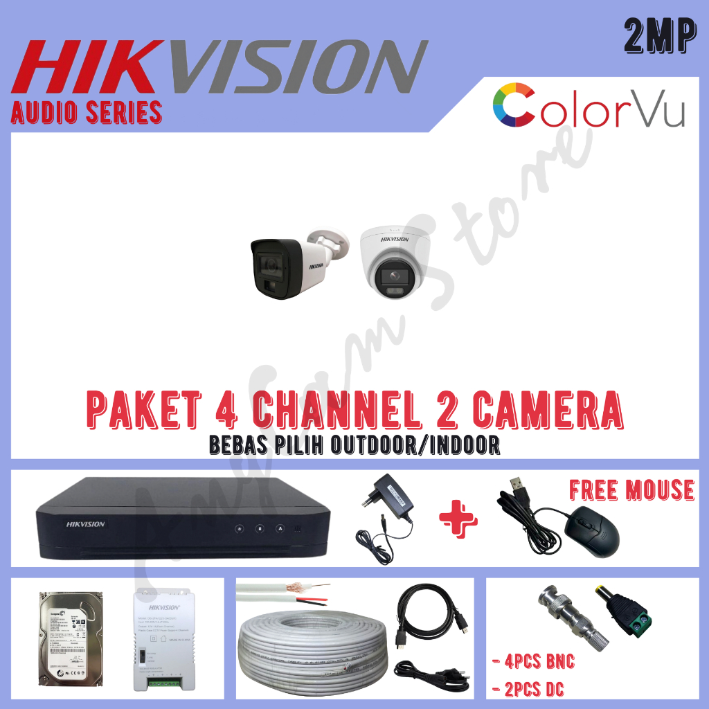 Paket CCTV Hikvision ColorVu 2MP 4 Channel 2 Kamera ColorVu Turbo HD 1080P Audio Series