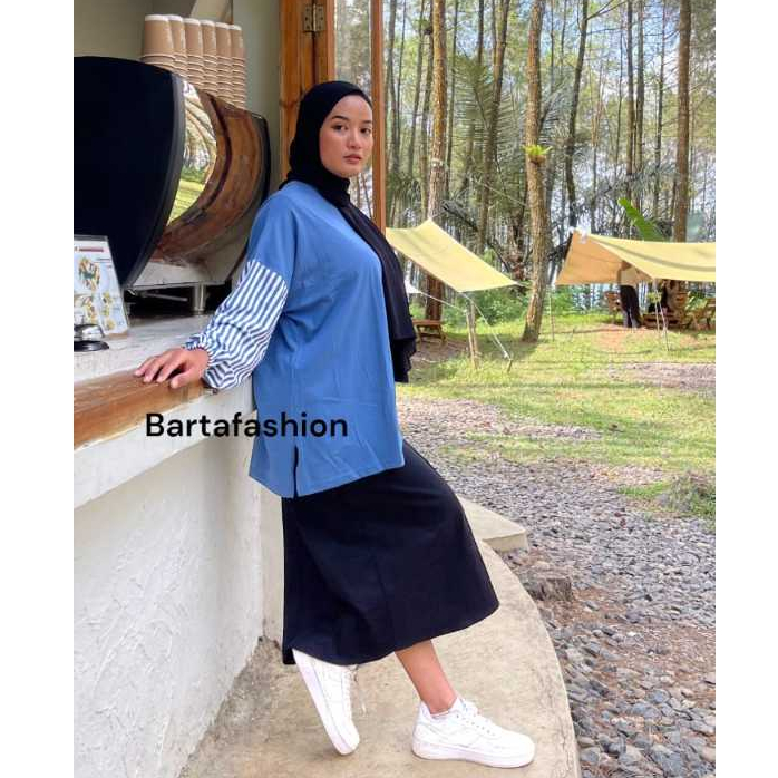Kaos Jumbo Strip Oversize Katun Combed Premium Lengan Panjang Balon