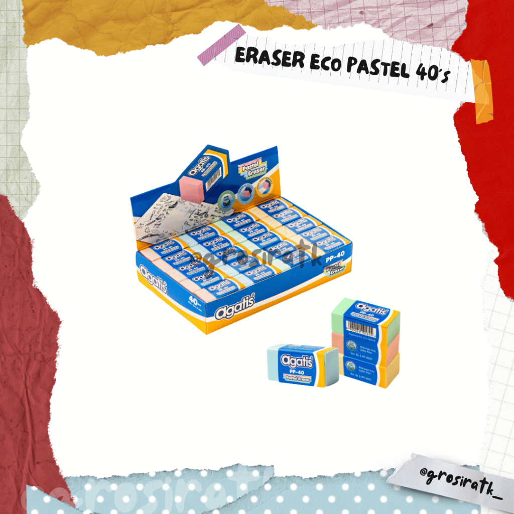 

AGATIS ERASER ECO PASTEL 40’s in BOX, terdiri dari 4 warna PASTEL / PENGHAPUS WARNA PASTEL