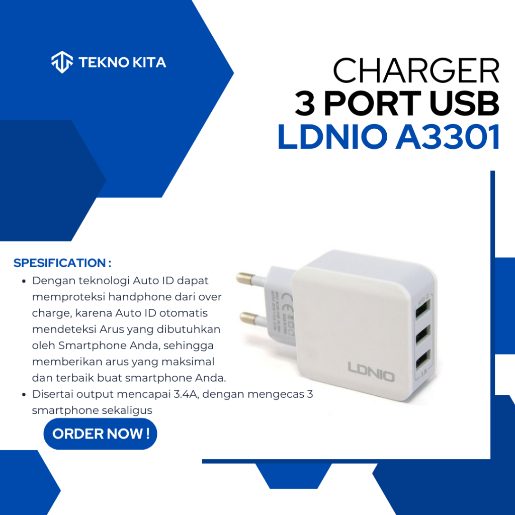 PROMO CHARGER MURAH 3 COLOKAN USB LDNIO A3301 3.4A AUTO ID KEPALA ADAPTOR CAS HP TERBARU 3 PORT USB 