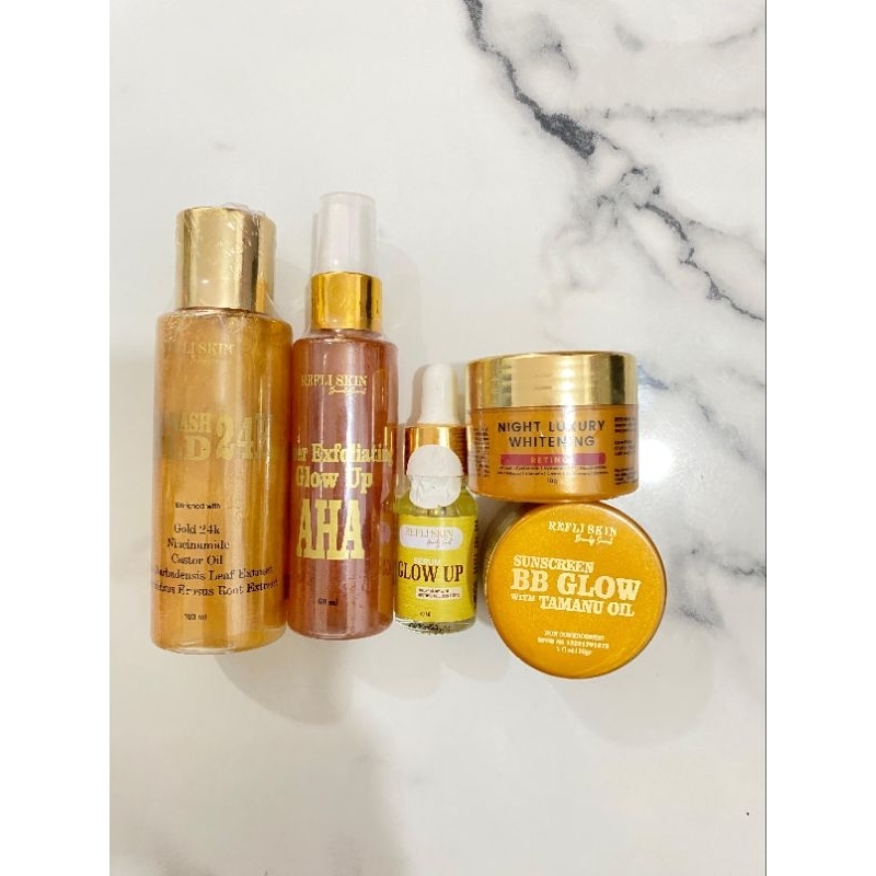 PAKET WHITENING EXFOLIATING + SERUM GLOW UP REFLISKIN [FW GOLD+TONER AHA+BBGLOW+NIGHT LUX WHITENING+