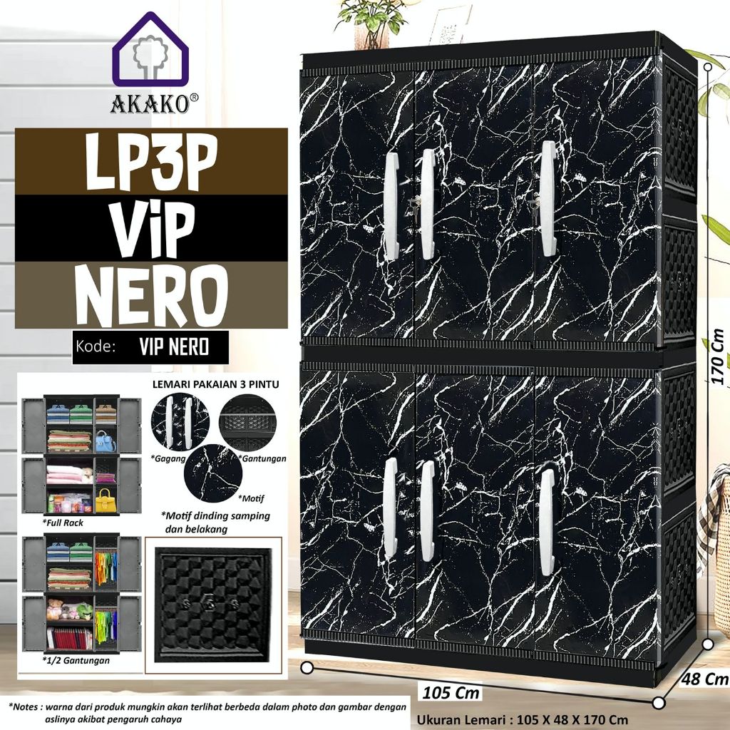 AKAKO - LEMARI PAKAIAN LEMARI PLASTIK 3 PINTU LEMARI JUMBO MOTIF VIP  - Kode : LP3P-VIP