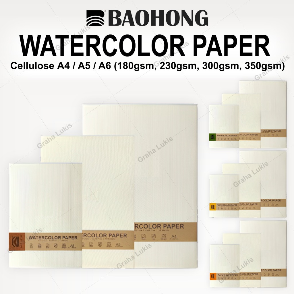 

Watercolor Paper Baohong Cellulose A4 / A5 / A6 ( 180gsm , 230gsm , 300gsm , 350gsm )