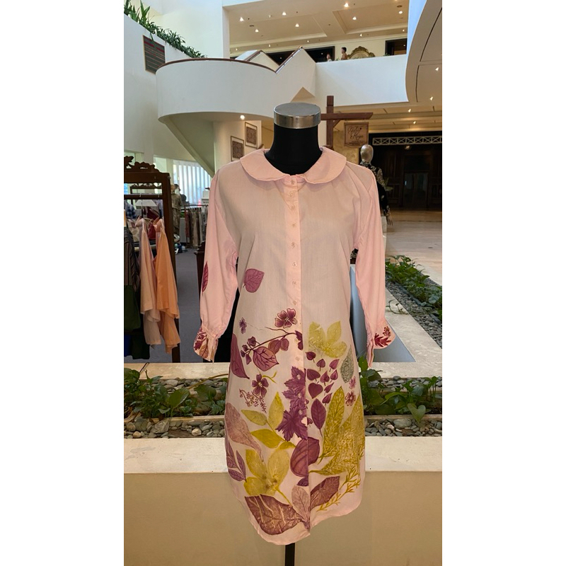 Tunik Pink Lukis Tangan Daun Jatuh Katun Jepang Premium T02