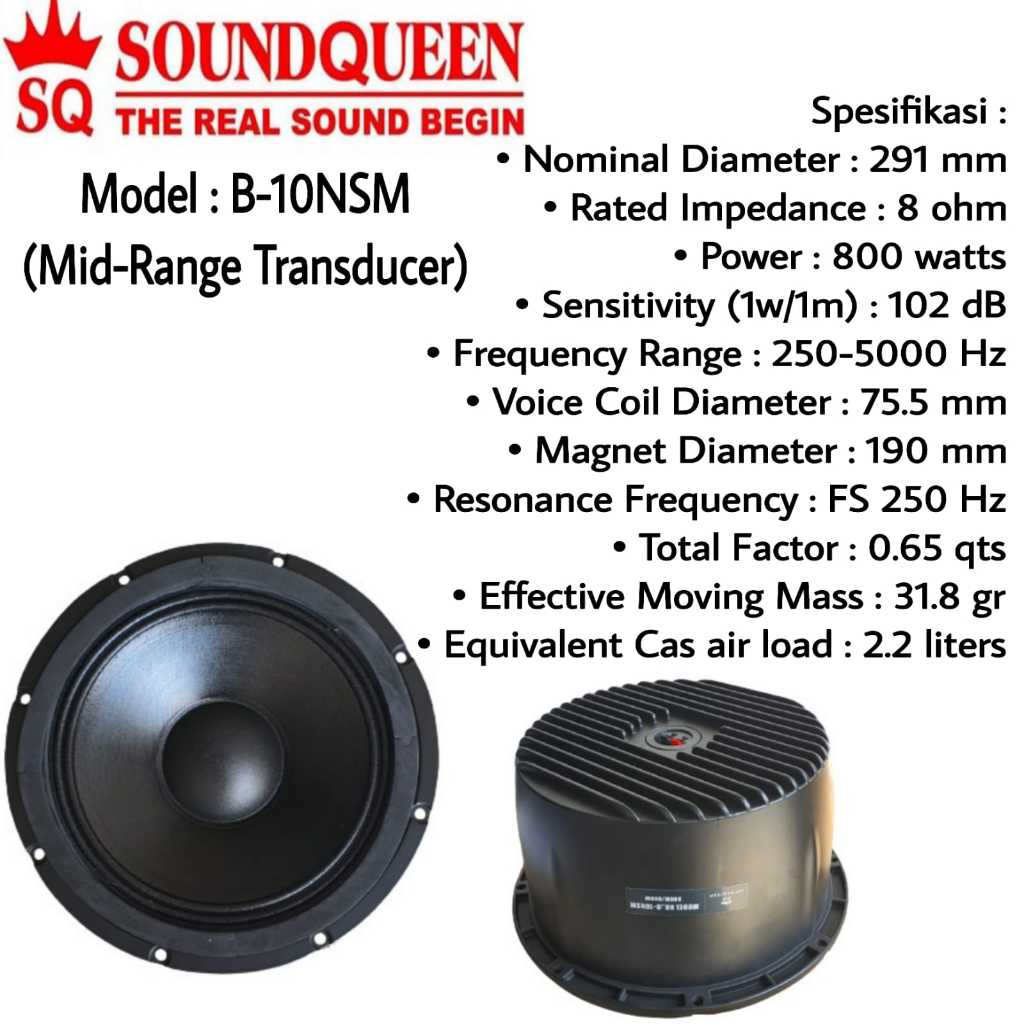 Komponen Speaker Soundqueen B-10NSM 800 Watt 10in SQ B10NSM B 10 NSM B10 NSM 800w 800watt 10" 10inch