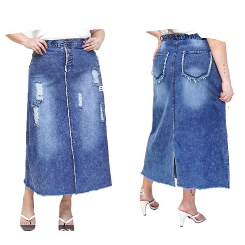 Rok Jeans Rawis Sobek Tidak Tembus Slit Wanita Panjang Dewasa Importsize 31-34 - Samping