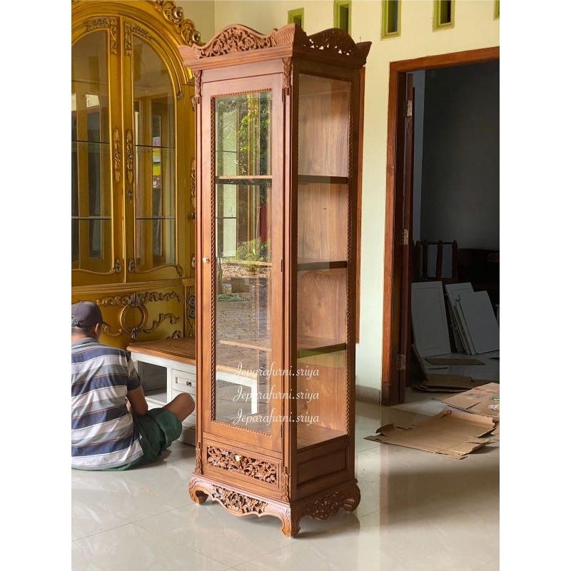 Lemari Hias Ukir 1 Pintu Kayu Jati Jepara I Lemari Pajangan Jati