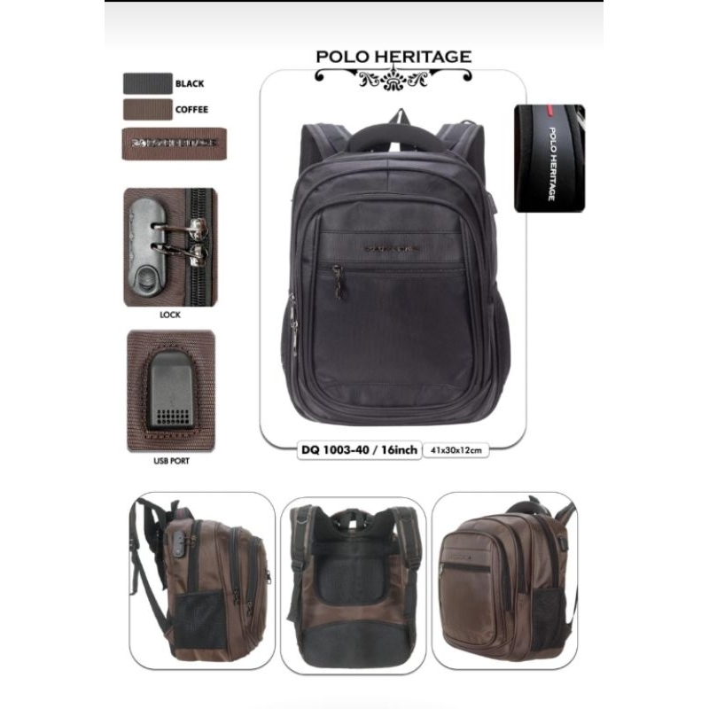 Polo Heritage Tas ransel Laptop pria 16inch dengan kunci koper free rain cover original