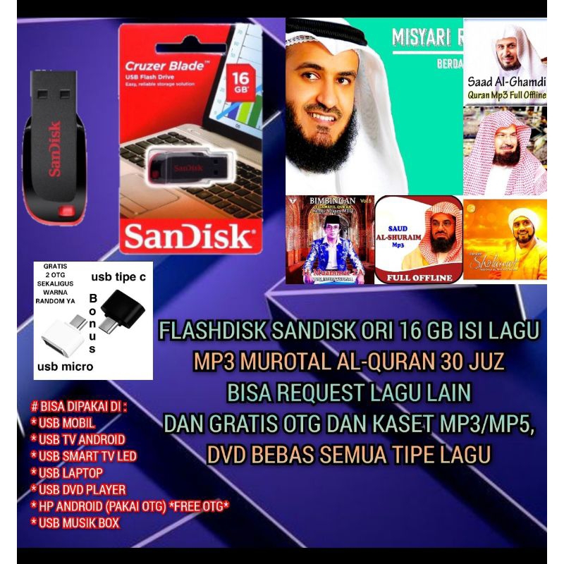 FLASHDISK SANDISK 16GB ORIGINAL ISI LAGU MP3 MUROTTAL AL-QURAN 30 JUZ FULL 4-6 ALBUM MUROTAL SYECH-F