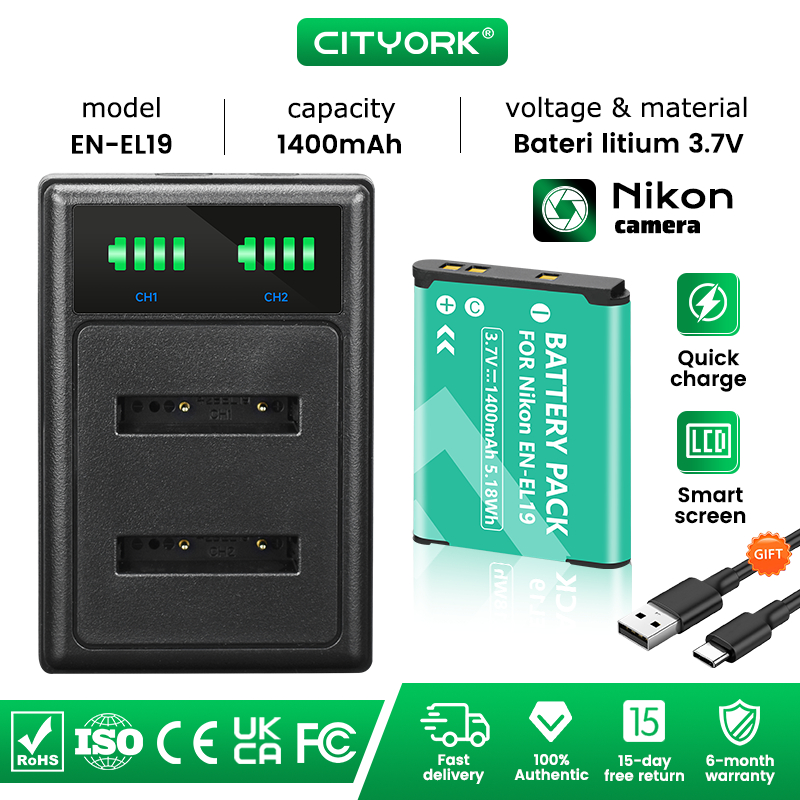 Cityork EN-EL19 EN EL19 ENEL19 Kamera Battery & Charger untuk Nikon Coolpix W100 W150 S100 S2500 S26