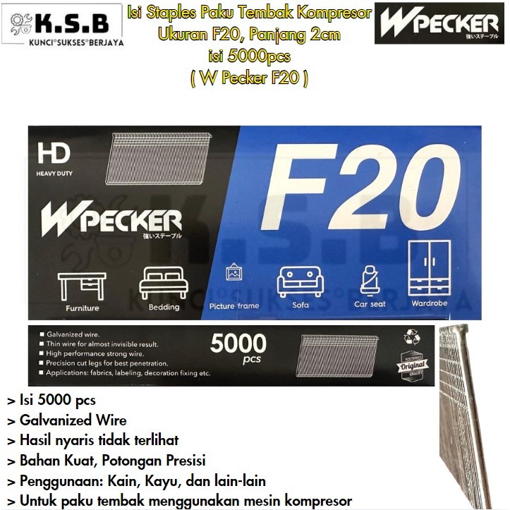 

Isi Staples Paku Tembak Kompresor Ukuran F20, Panjang 2cm isi 5000pcs ( W Pecker F20 )
