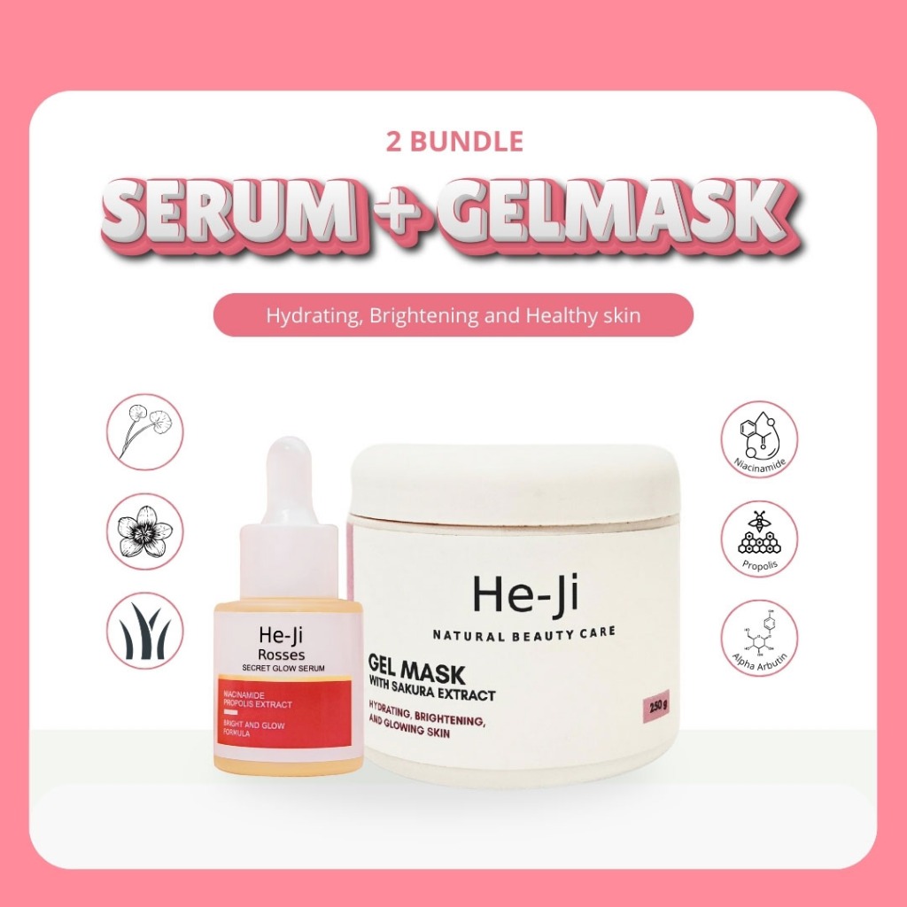 PAKET SUPER HEMAT GEL MASK HE-JI DAN SERUM ROSSES SECRET GLOW perawatan wajah komplit (BPOM)