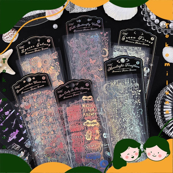 

1 set isi 12 lembar broken dream hologram sticker deco stiker diy journaling diary aesthetic transparent shining HB1812