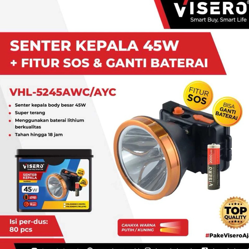 Senter Kepala Besar Jumbo 45w VISERO VHL-5245 Bisa Ganti Baterai