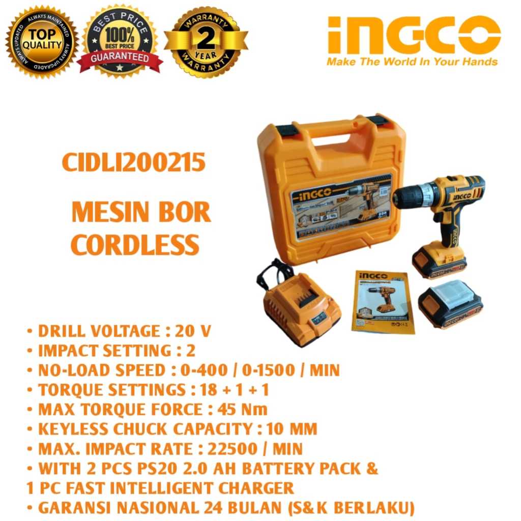Ingco Mesin Bor Cordless Drill Eco 20V 2B&1FC CIDLI200215 + Baterai MESIN BOR CORDLESS ECO 20V BOR B