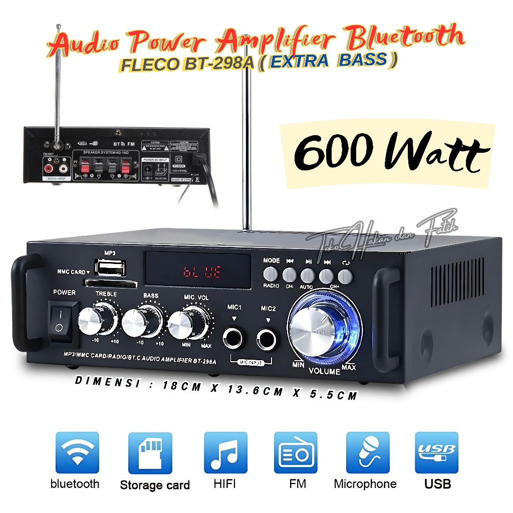 Audio Power Amplifier 600W Full Bass Fleco BT-298A - Amplifier Bluetooth USB/SD/FM/MP3 - Amplifier K