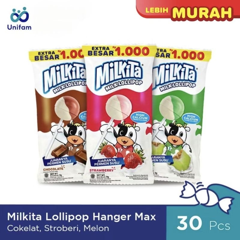 

Milkita Lollipop Hanger Max Permen Susu Lolipop Rasa Cokelat, Stroberi, & Melon 30 sachet