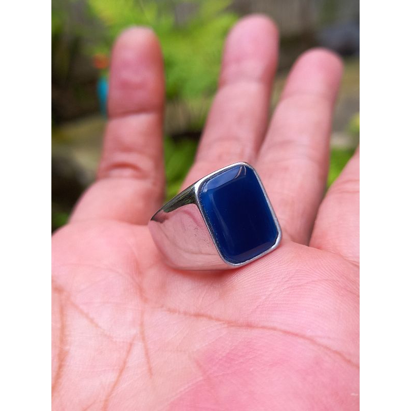 CINCIN BATU AKIK YAMAN AZROQ BLUE DOFF MODEL KOTAK RING TITANIUM SILVER