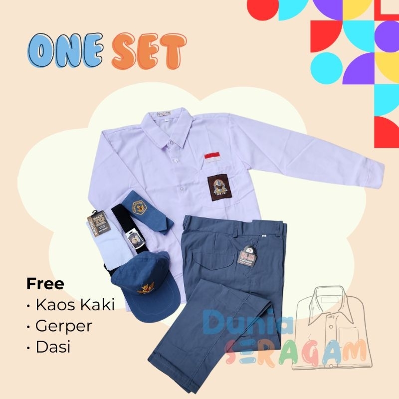 Setelan Super Lengkap Seragam Sekolah SMA Cowok Baju Putih Panjang Celana Abu Panjang Laki