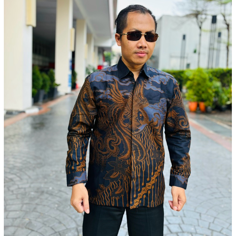 NAVY GOLD 2204 Kemeja batik pria bahan katun lapis furing lengan panjang