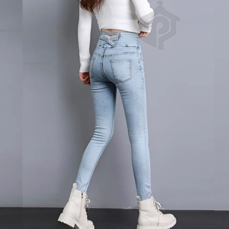 Puldaist - Celana Jeans Skinny Strechy Kancing 2 Model Tali Silang / Jeans HW Pencil Korean Street J