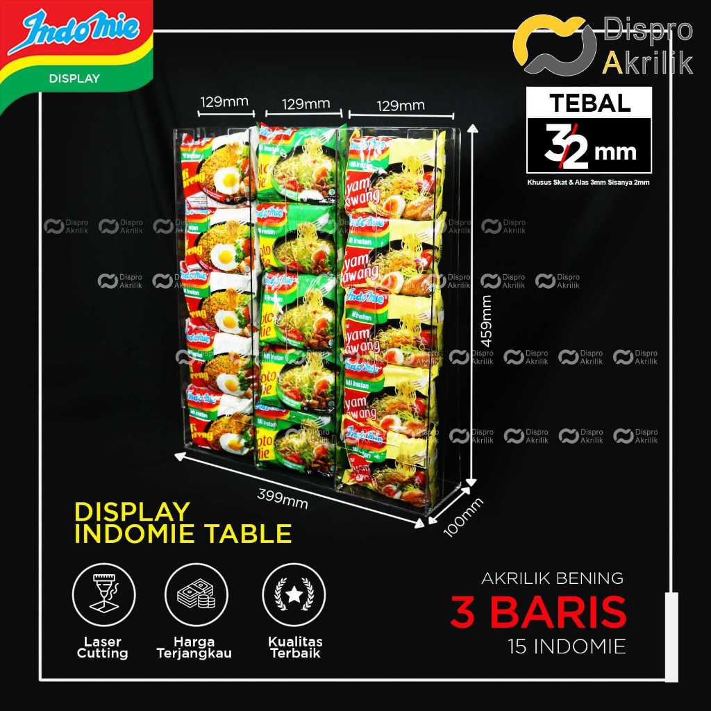 Akrilik Display Rak Mie Instan / Rak Indomie Akrilik ( 3 Slot Meja )