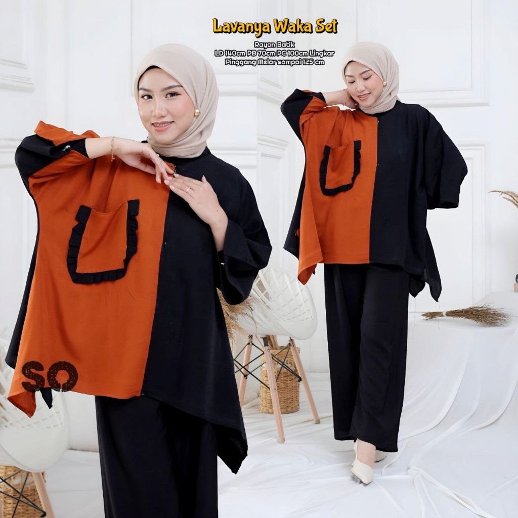 Lavanya Waka Set Jumbo - One Set Wanita Kekinian Rayon Batik Setelan Wanita Celana Panjang LD 140 cm
