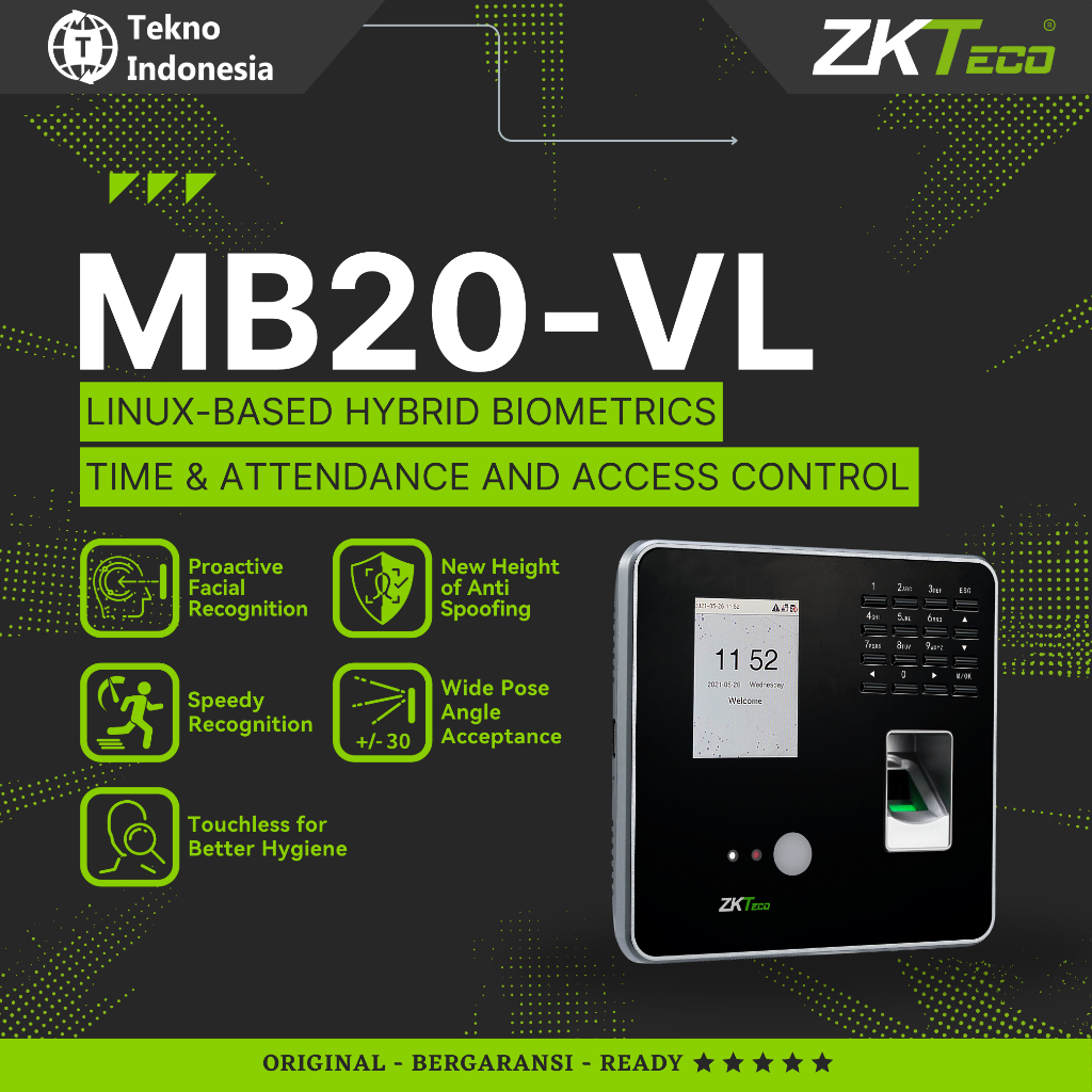 ZKTECO MB20-VL Mesin Absensi Sidik Jari Face RFID Time Attendance And Acces Control