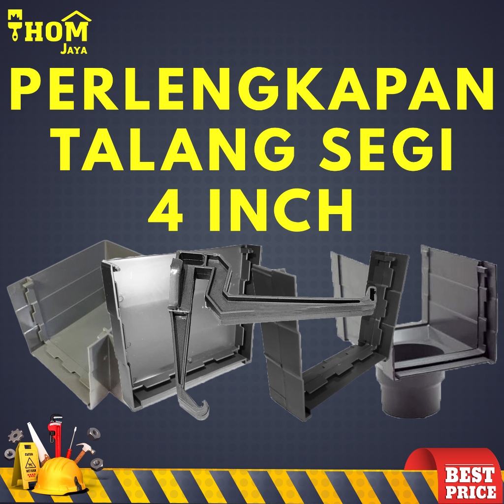 PERLENGKAPAN TALANG AIR SEGI PLASTIK / AKSESORIS TALANG AIR SEGI PVC - 4 INCH ( CORONG / KLEM / SIKU