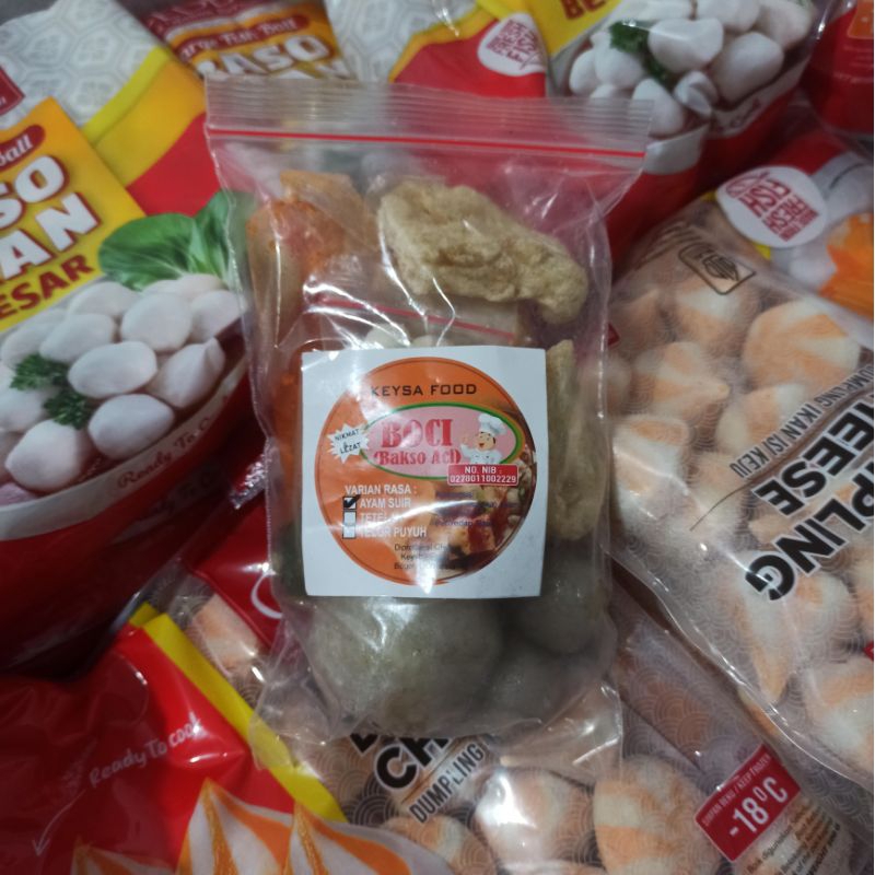 

baso aci ayam frozen kemasan pouch plus sambal