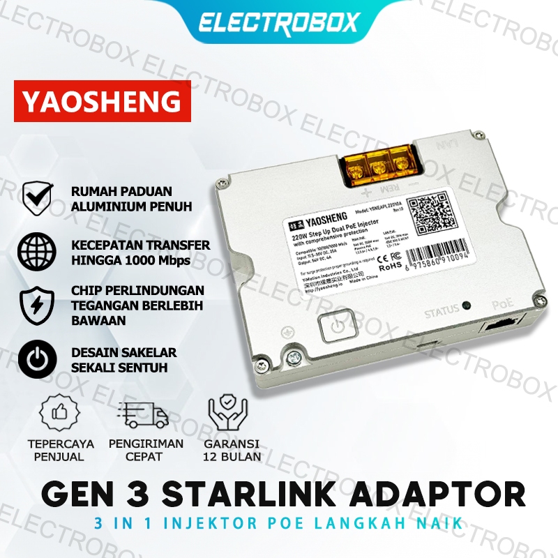 YAOSHENG 220W Boosted Dual PoE Injector Adaptor Starlink untuk Gen 3 dengan Aplikasi Perlindungan