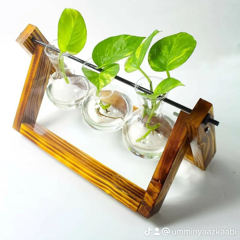 triple vas kaca motif kayu coklat tua dekorasi