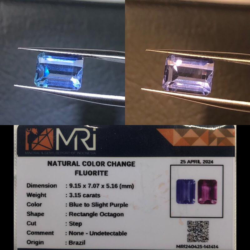 Natural Color Change Fluorite 3.15 ct Blue to Slight Purple Brazil Permata Natural Color Change Fluo