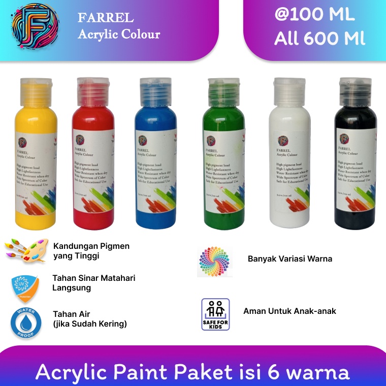 

KODE J56Q Cat Akrilik Lukis Kanvas Mural Paket 6 warna isi 1 ML per botol Farrel Acrylic Colour