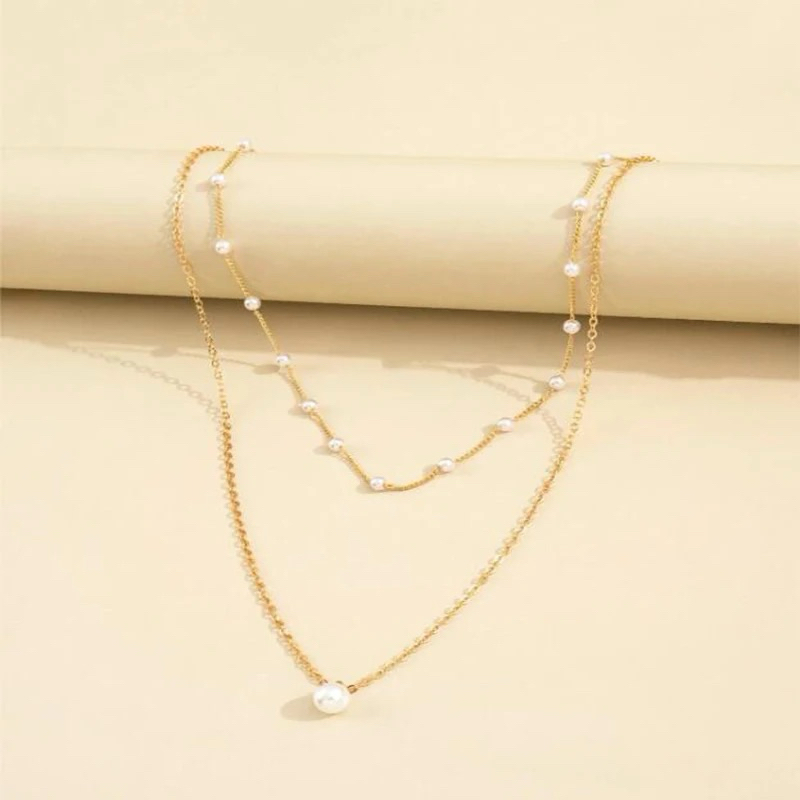 Luminous Jewelry - Kalung Simple Pearl Choker Fashion Double Layer Chain