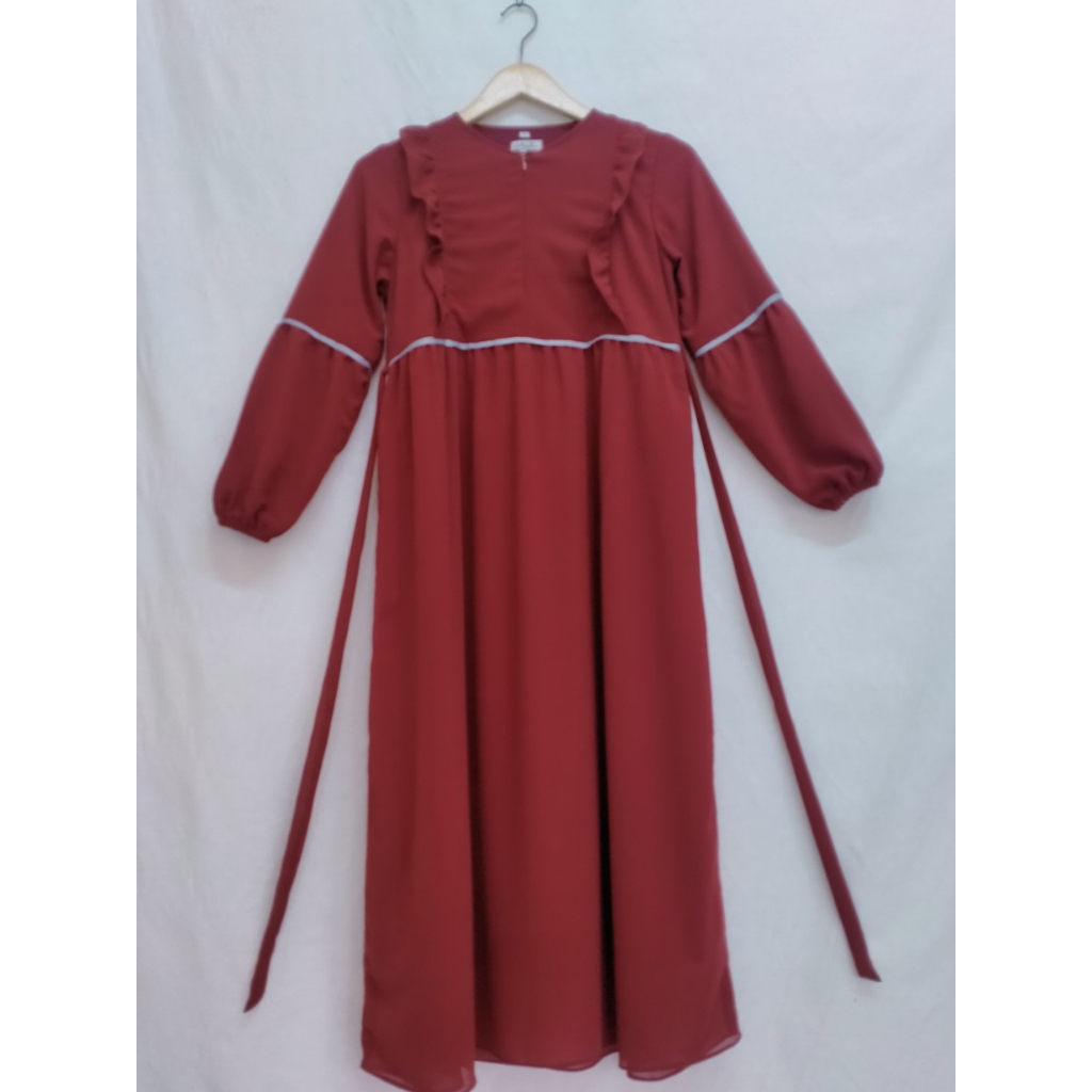 AINDRI GAMIS ANAK PEREMPUAN USIA 3-12 TAHUN BAHAN CERUTI FULL PURING MERAH BATA /DRESS ANAK TERBARU