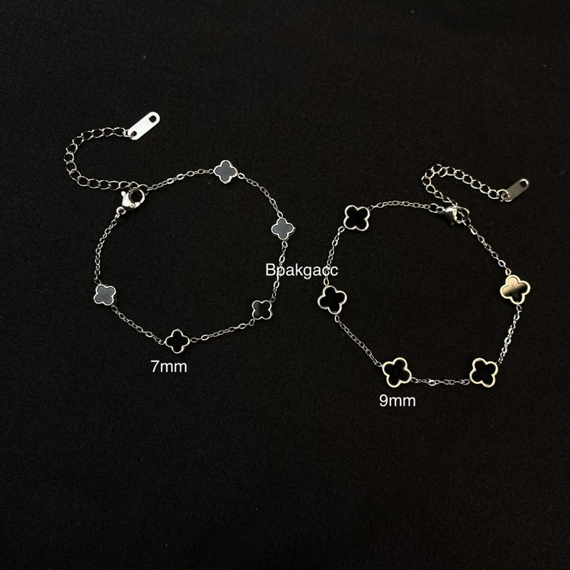 Gelang Tangan Titanium Clover Polos Hitam Anti Karat Wanita Rantai Silver Putih Adjustable Besar Kec