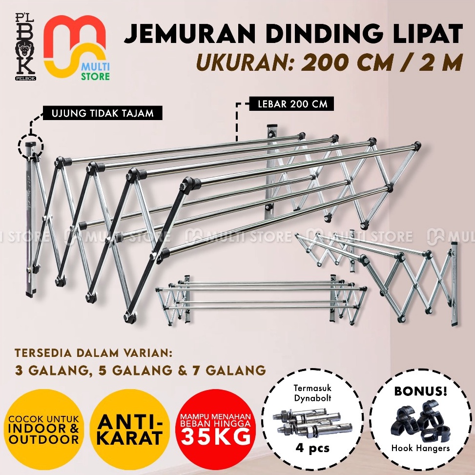 Keluaran Terbaru Jemuran Baju Dinding Lipat 2 cm PELBOK Stainless Anti Karat 2 Meter
