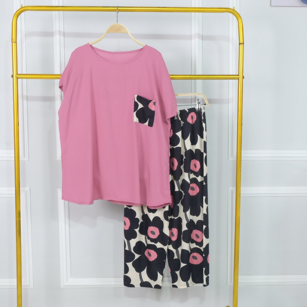 Setelan Babydoll Wanita Dewasa Jumbo One Set Rayon Celana Selutut Tanggung 7/8