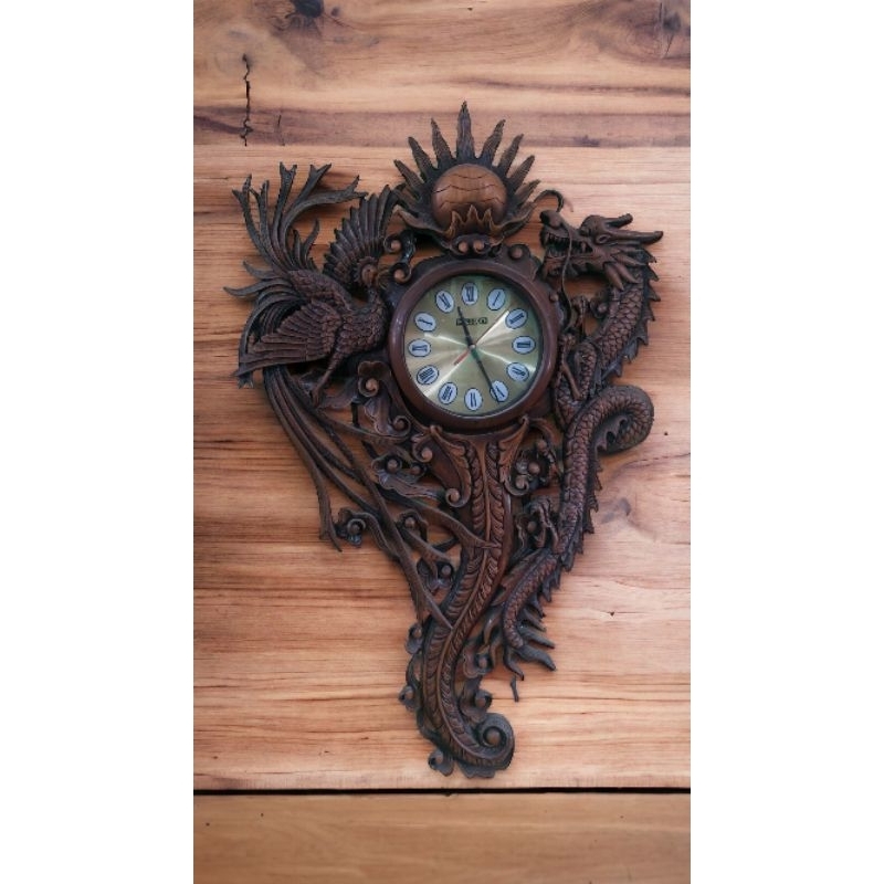 Untuk Kolektor Jam Dinding Antik Ukir Motif Naga dan Burung Phoenix Mewah Asli Full Kayu Jati