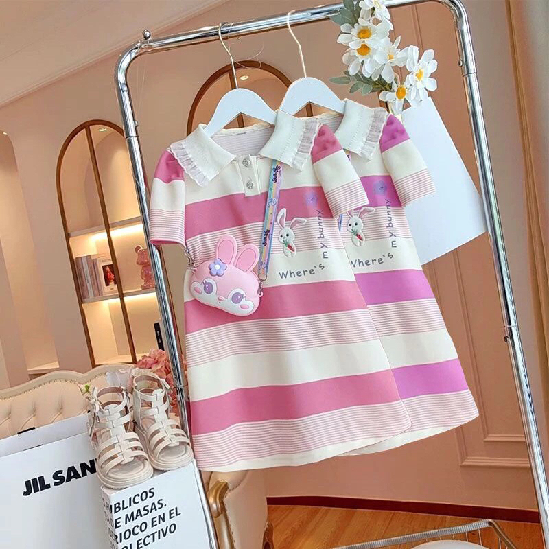 Dress Rabbit Salur Gaun Baju Anak Perempuan Korea Style 2-11 Tahun