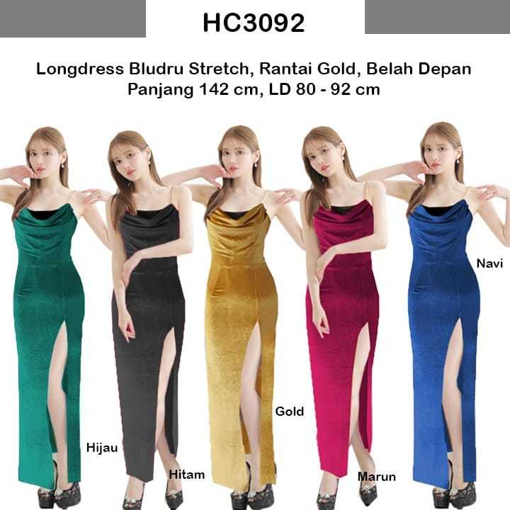 Happyline_fashion HC3092 Longdress Bludru Steretch Rantai Gold Belah Depan Bodycon / Gaun Panjang Se