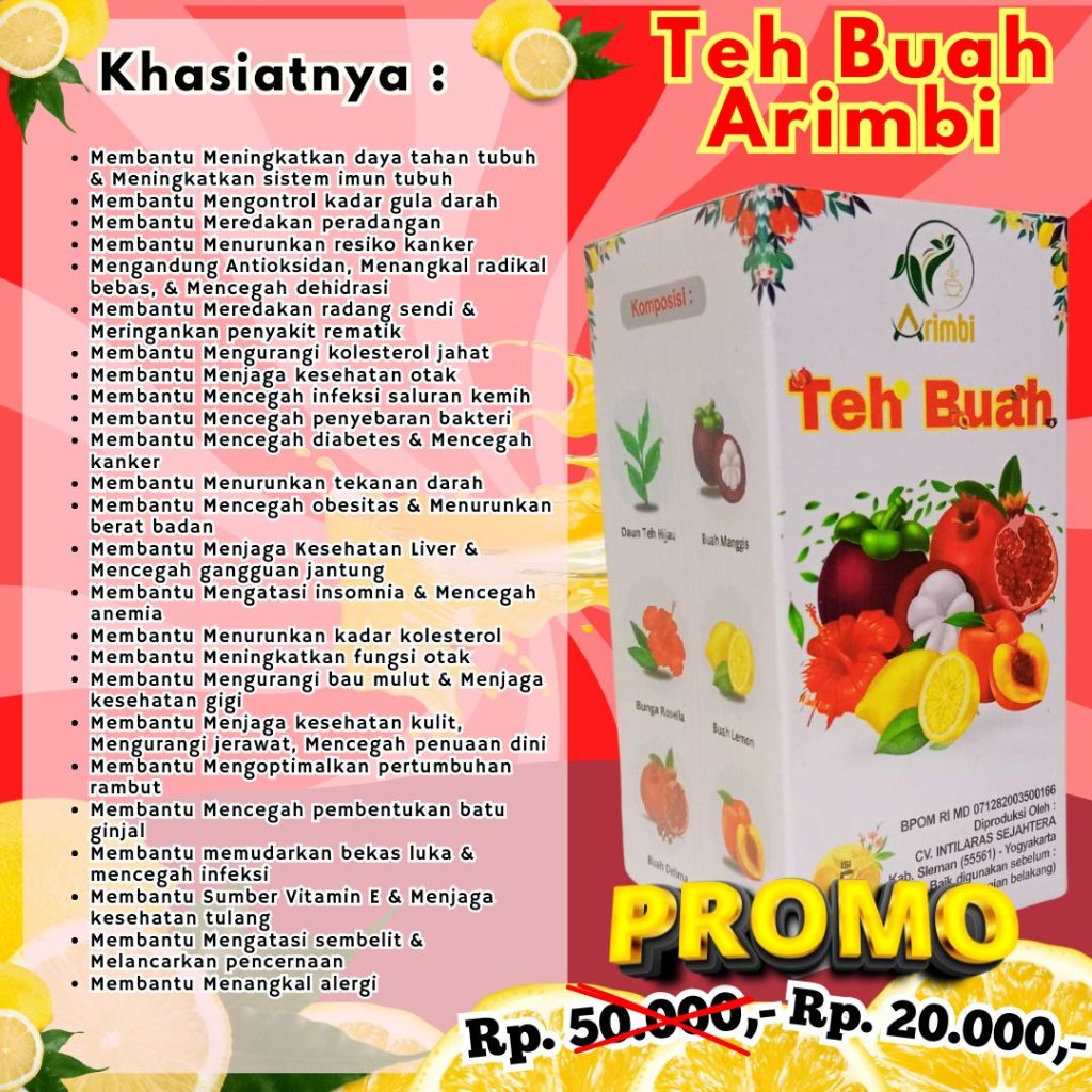 

Teh Buah Arimbi, Teh Arimbi, Teh Buah,Teh Buah Untuk Membantu Mencegah dehidrasi,Teh Buah Untuk Membantu Mencegah infeksi saluran kemih,Teh Buah Untuk Membantu Meningkatkan energi tubuh,