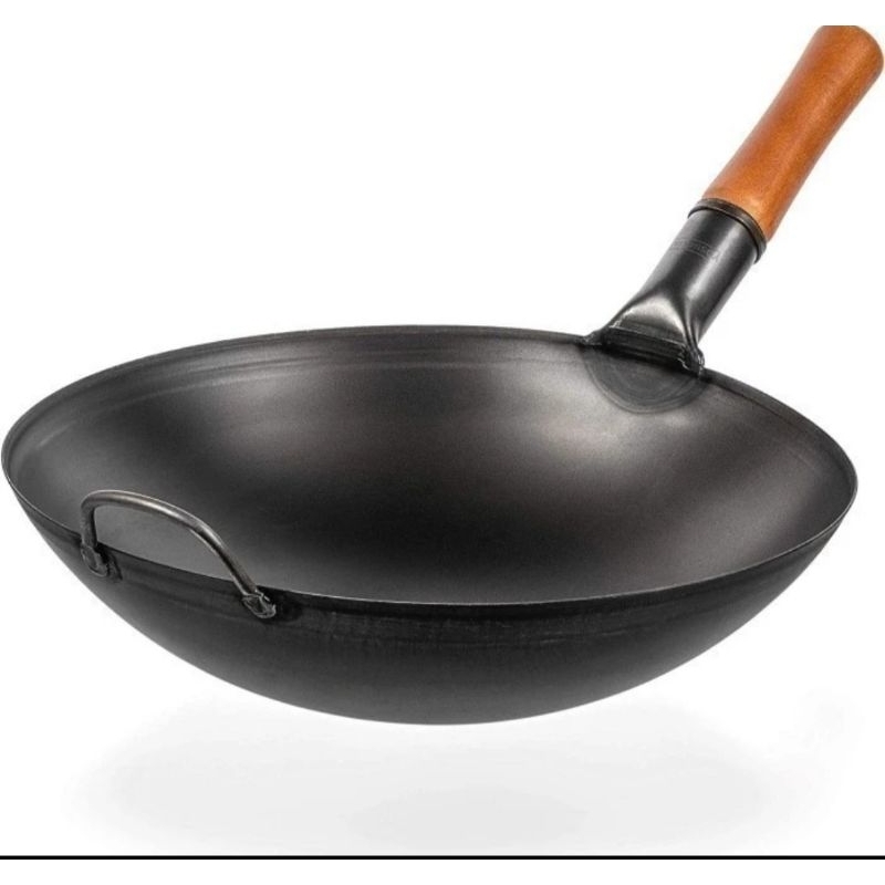 wok / kuali penggorengan baja hitam 43cm tebal gagang kayu high quality