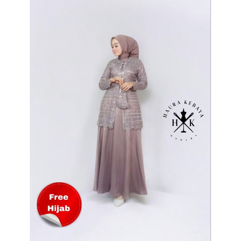 HAURA Gamis Brokat Modern Kombinasi Satin Terbaru Buat Kondangan Pesta Mewah