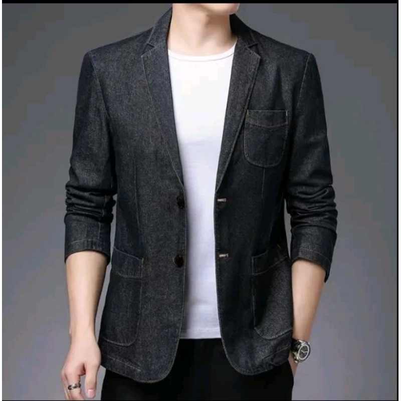 Jas Blazer Slimfit Denim casual pria terbaru-jas jeans pria slimfit Casual-Outfit jeans pria terbaru