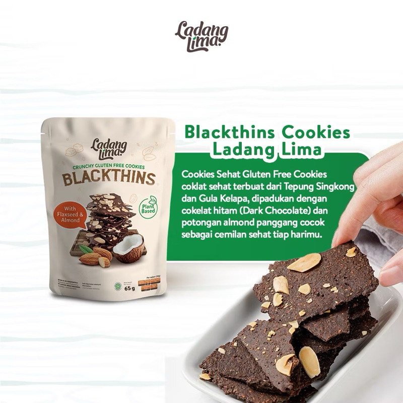 

Blackthins Mini Bites 65g - Ladang Lima Cookies Gluten Free With Protein - Biskuit Sehat -Diet Alami