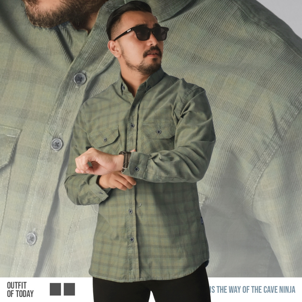 DGM Kemeja Pria Corduroy Panjang Motif Kotak-Kotak Premium Limited Edition Kemeja Corduroy Hijau Sag